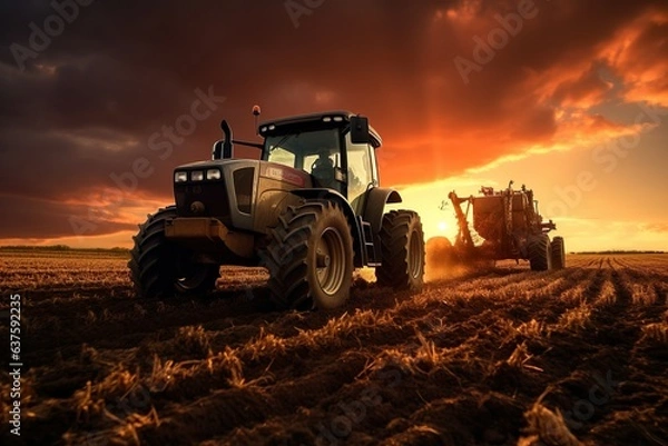 Fototapeta Agricultural workers with tractors. Ploughing a field with tractor at sunset | Generative AI