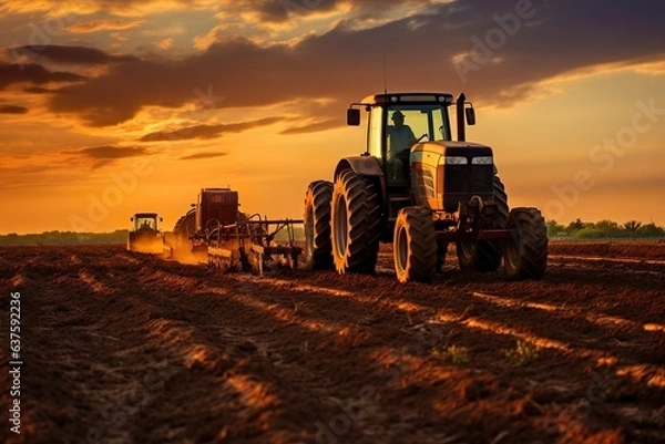 Fototapeta Agricultural workers with tractors. Ploughing a field with tractor at sunset | Generative AI