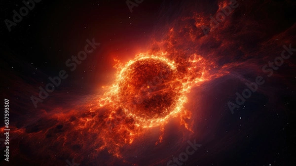 Fototapeta Through a telescope a murky patch of stars emerges from the depths of space surrounded by a diffuse cloud of gas and dust. In the center lies a white dwarf its surface a deep redorange as the result