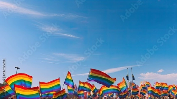 Fototapeta A panoramic display of LGBTQ+ pride flags waving against a clear sky during a pride parade.