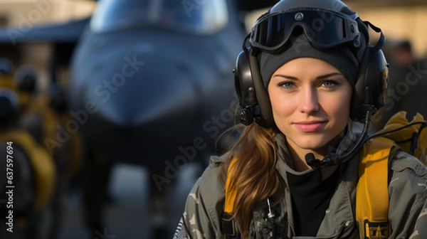 Fototapeta Female fighter pilot soldier standing outside her fighter jet - generative AI.