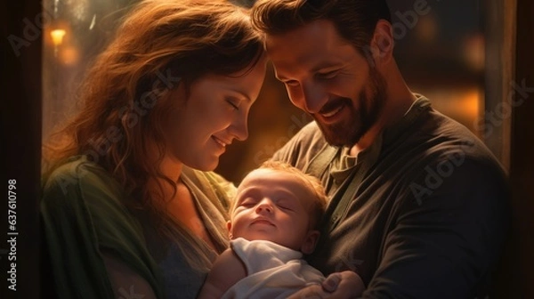 Fototapeta Parents with newborn happy and smiling. Generative AI