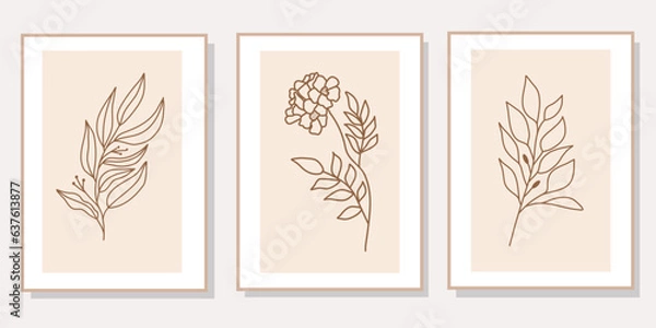 Obraz Abstract floral line art set of 3 minimalist prints. Vector design elements of nature for poster, prints, t-shirt, wall art, logo, banner, canvas prints, home decor, cover, wallpaper.