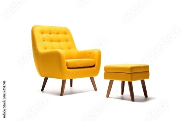 Obraz A yellow armchair and ottoman on a white background, created by Generative AI