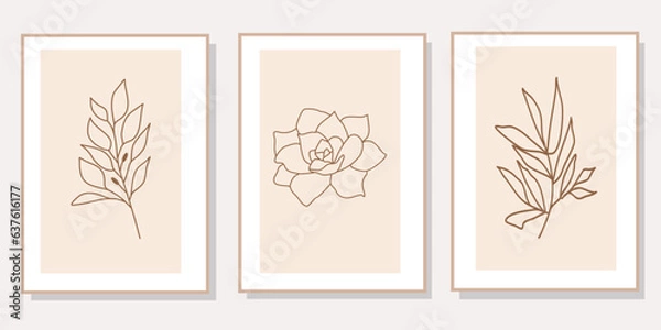 Obraz Abstract floral line art set of 3 minimalist prints. Vector design elements of nature for poster, prints, t-shirt, wall art, logo, banner, canvas prints, home decor, cover, wallpaper.