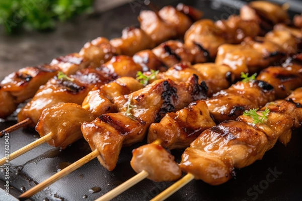 Fototapeta The grilled chicken teriyaki skewers, with char marks and a light glaze, are arranged in a row and ready to be served in this close-up shot
