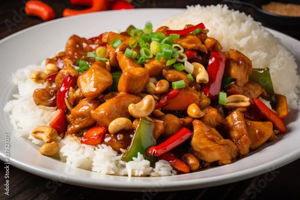 Fototapeta Kung Pao chicken, spicy red peppers, and diced peanuts on a bed of steaming white rice, topped with crispy green onions - a delicious and flavorful Chinese cuisine dish for a savory meal