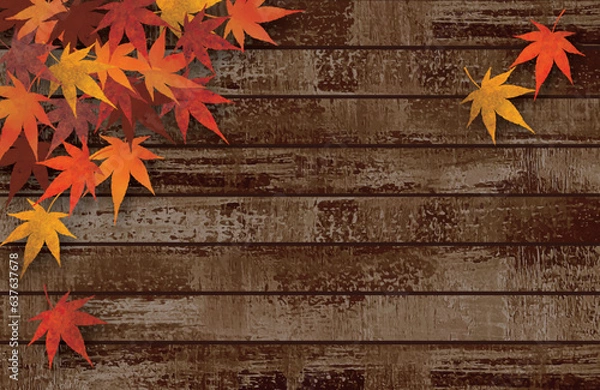 Fototapeta 紅葉したモミジと茶色の古木の背景水彩画