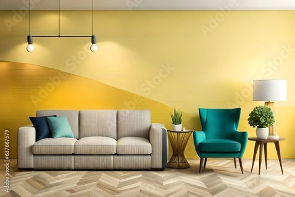Fototapeta TV on cabinet in modern living room with lamp, table, flowers and plants on yellow illuminating wall background, 3D rendering