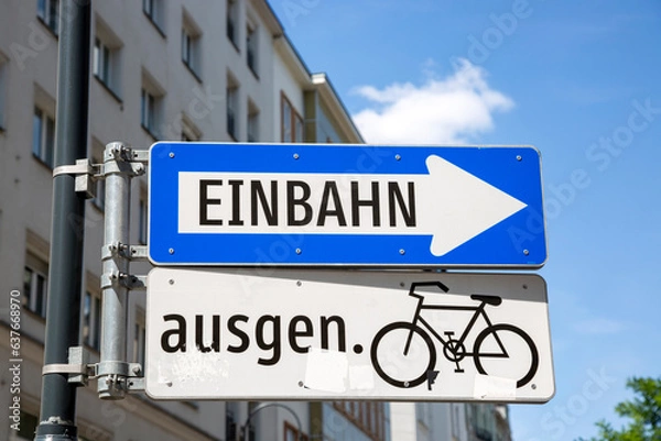Fototapeta Traffic signs in German denoting "One-way traffic" and "Beginning" of a bike path