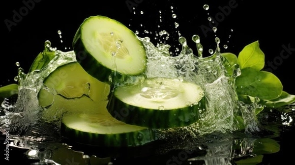Obraz Close-up of fresh green cucumber splashed with water on black and blurred background