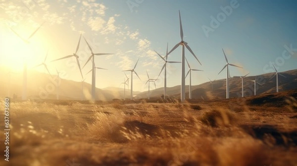 Fototapeta Wind turbines on beautiful sunny summer autumn mountain landsape. Curvy road through mountain Eolic park. Green ecological power energy generation. Wind farm eco field