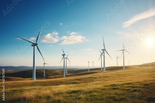 Obraz Wind turbines on beautiful sunny summer autumn mountain landsape. Curvy road through mountain Eolic park. Green ecological power energy generation. Wind farm eco field