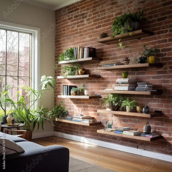 Fototapeta Living Room with Floating Shelves