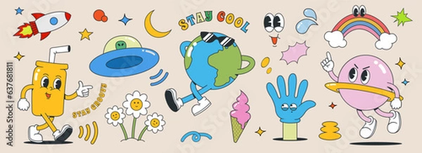 Fototapeta groovy 70s characters and elements. vintage sticker collection, earth, planet, soda, ufo, ice cream, rocket and abstract shape. vector illustration