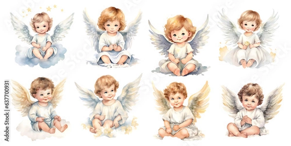 Fototapeta set of cute little Angels on transparent Background in watercolor, generated ai