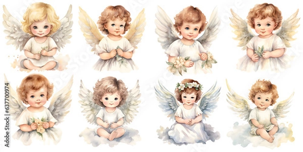 Fototapeta set of cute little Angels on transparent Background in watercolor, generated ai