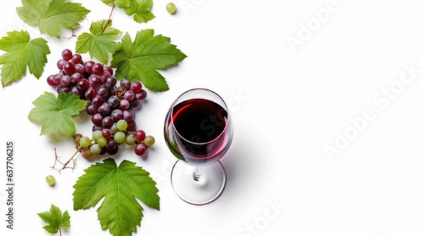 Fototapeta Wine banner with glass of red wine and red vine on white background