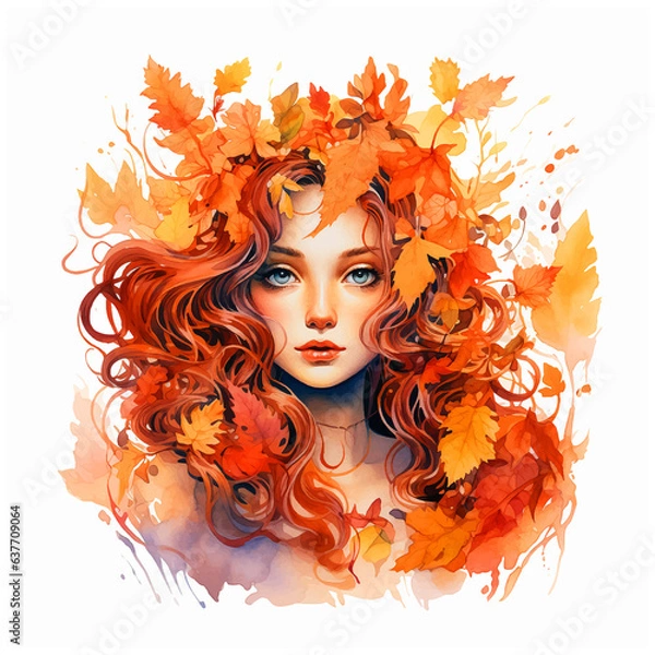 Fototapeta Autumn girl watercolor hand painting ilustration