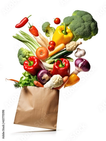 Fototapeta Assortment of vegetables flying into paper bag isolated on white background