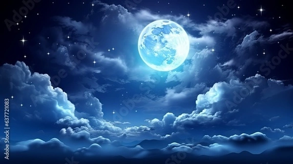 Fototapeta Captivating full moon illuminating clouds and stars in night sky, sky with moon and clouds