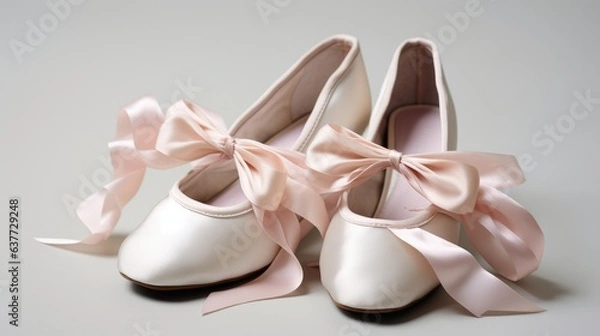 Fototapeta Elegant ballet shoes, their ribbons gracefully curled, showcased against a pristine white backdrop, evoking an aura of classical dance.