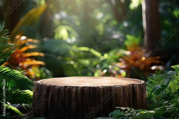 Fototapeta Natural Harmony Wooden Cut Round Podium Amidst Lush Tropical Plants. created with Generative AI