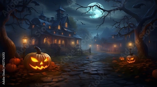 Fototapeta Tło Halloween z dyniami i Haunted House - 3D Render. Tło Halloween ze złą dynią. Upiorna przerażająca ciemna noc Forrest. Wakacyjne wydarzenie Halloween Banner Koncepcja tła
