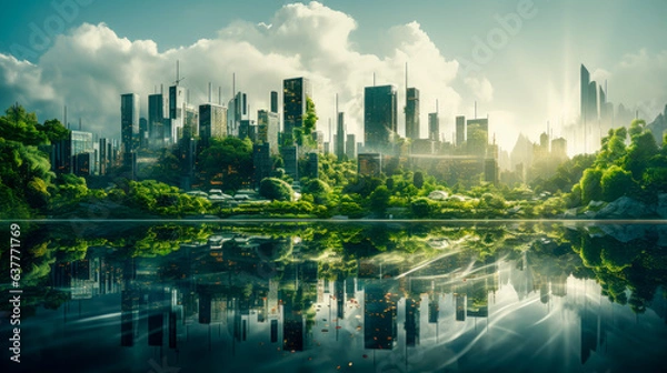 Fototapeta Futurystyczne miasto z chmur chmur i zielonego lasu bujnego