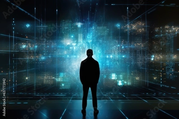 Fototapeta Silhouette of a man in front of a futuristic technological background, A silhouette of a person standing in front of a giant digital screen showing hologram of data flows, AI Generated