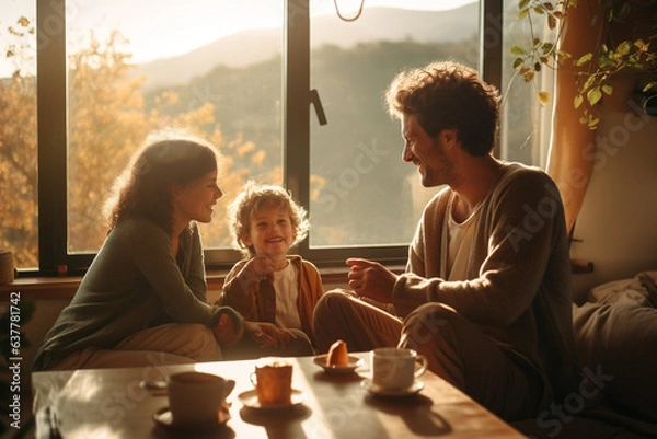 Obraz family having tea at home on a sunny autumn day, generative ai