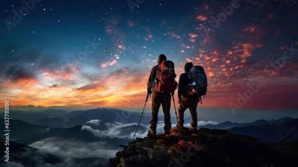 Fototapeta Silhouette of Travelers Standing on Top of the Mountain, Couple Observing the Stars in Night Sky, Young People Hiking Adventure. Generative Ai