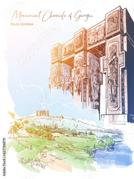 Obraz Chronicle of Georgia monument , Tbilisi sea, Georgia. Line drawing watercolour painted and isolated on white background. EPS10 vector illustration