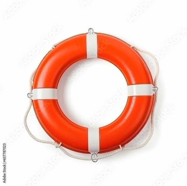 Fototapeta Red lifebuoy with white stripes isolated on white background, top view