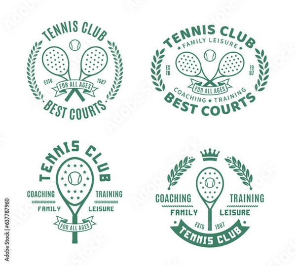 Fototapeta Tennis club logo. Sport labels with sample text. Tennis emblems for tournament, recreation and clubhouse