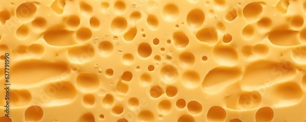 Obraz Texture of gold luxury cheese with holes in, cheese pattern panorama. Generative Ai.