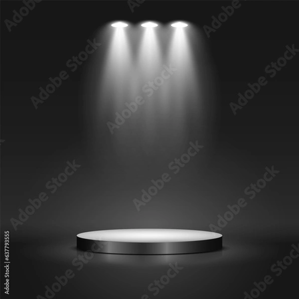 Obraz Round podium illuminated by spotlights. Empty pedestal for award ceremony or presentation. Vector illustration.