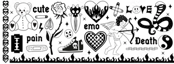 Fototapeta Y2k 2000s black grunge emo goth aesthetic stickers, tattoo art elements and slogan. Punk rock gloomy set. Gothic concept of creepy love. Vector illustration
