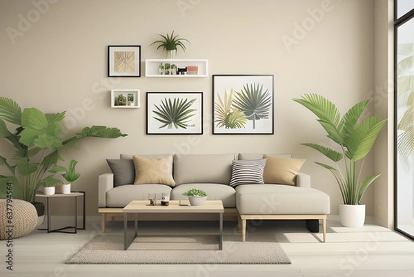 Fototapeta horizontal frame in modern living room interior with beige wall, gray and wooden furniture and tropical plants with palm leaves, 3d rendering