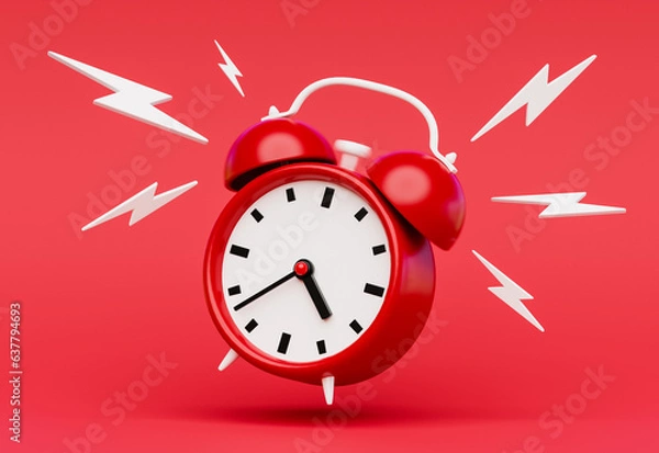 Obraz Ringing red alarm clock on red background. 3d rendering of a clock sounding loud alarm