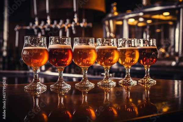 Fototapeta Craft Beer Elegance Glasses of Artisanal Brews Arranged on Wooden Bar. created with Generative AI