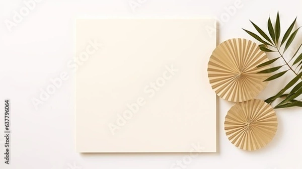 Fototapeta Minimal business brand template with blank card gold stationery and dry leaf on white background . Mockup image