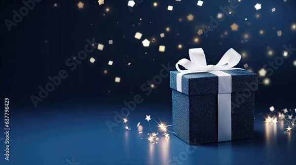 Fototapeta Festive blue background with sparkles and a small white gift box Celebrating holidays or birthdays with dark color scheme Visual representation Available for cus . Mockup image