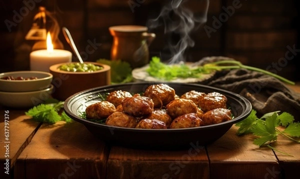 Fototapeta vegan meatballs served with tomato sauce in frying pan. warm lighting. Generative AI