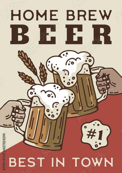 Fototapeta Hands with beer mugs. Hand drawn poster with  pub glasses with beer and hands, colored sketch alcohol beverages. Vector Home Brew Beer illustration. Craft Beer Poster .