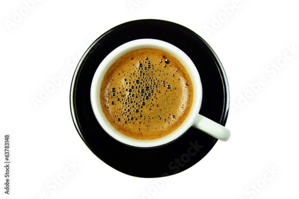 Obraz black cup of coffee on saucer from the top, isolated
