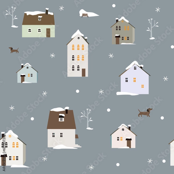 Fototapeta Vector seamless pattern with winter houses in the snow