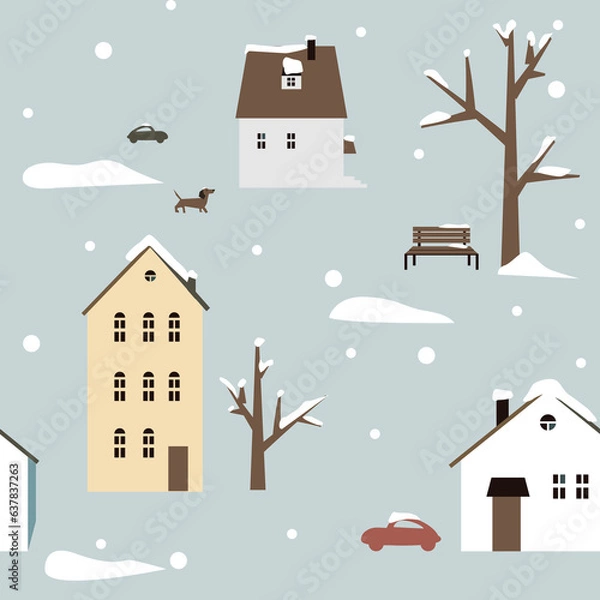 Fototapeta Vector seamless pattern with winter houses in the snow