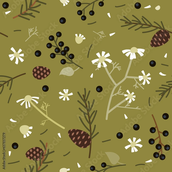 Fototapeta Vector seamless pattern with branches of bird cherry and daisies, and pine cones