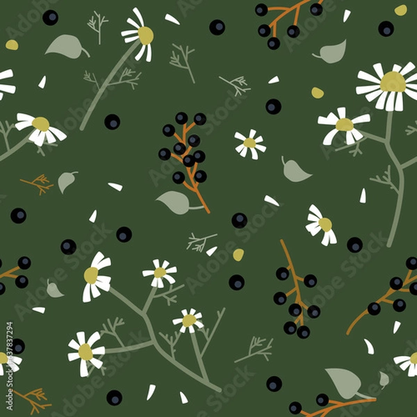 Fototapeta Vector seamless pattern with branches of bird cherry and daisies